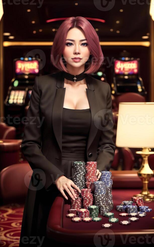 hermosa asiático mujer con lujo vestir en grandioso casino juego, generativo ai foto