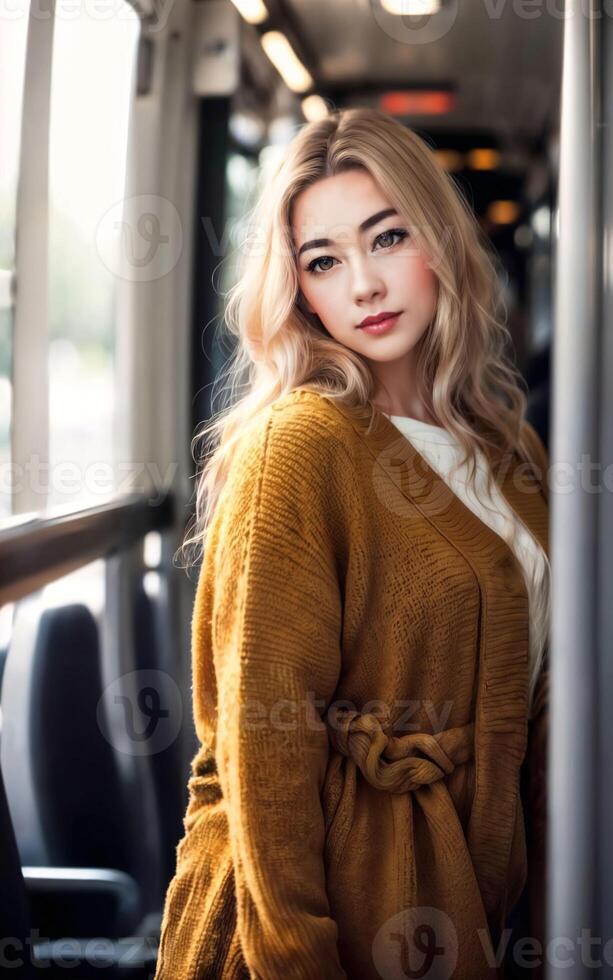 beautiful woman standing inside public bus transport, generative AI photo