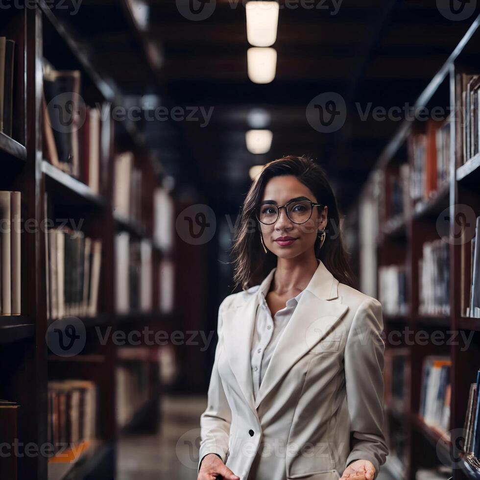 encantador hermosa mujer con biblioteca en fondo, generativo ai foto