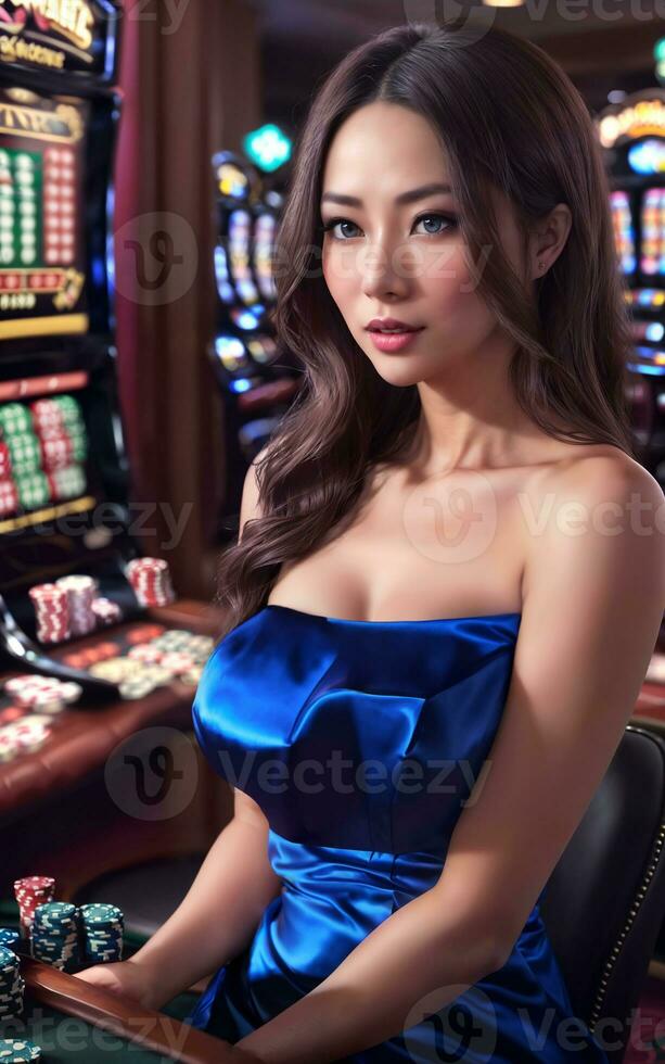 hermosa asiático mujer con lujo vestir en grandioso casino juego, generativo ai foto