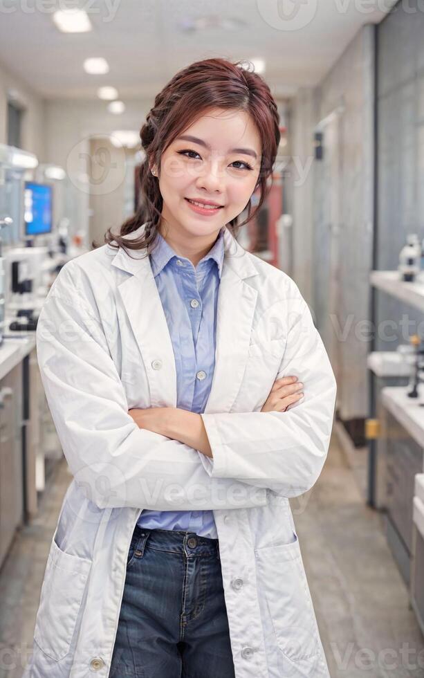 photo of asian woman in white lab coat at modern laboratory,