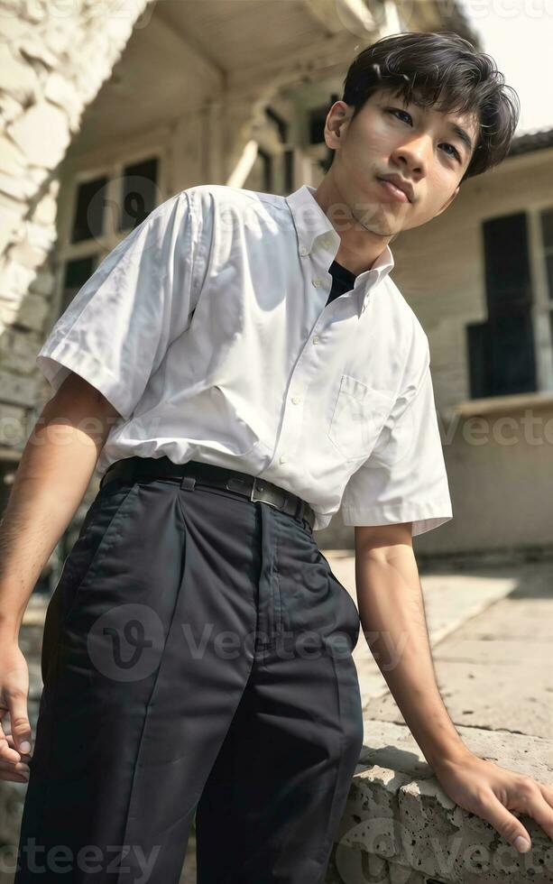 tailandés personas en Tailandia técnico Universidad uniforme blanco camisa y pantalón, generativo ai foto