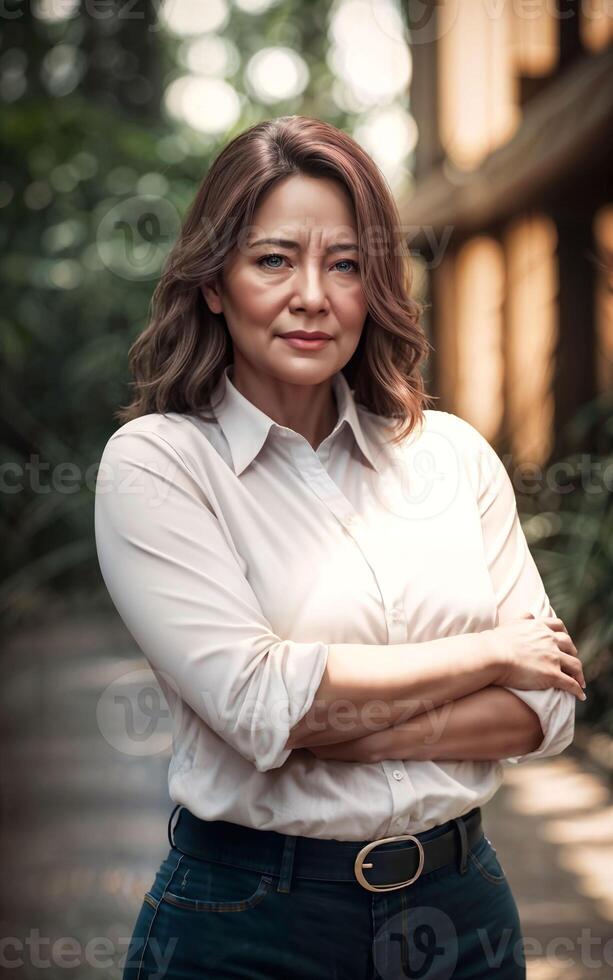 beautiful middle aged old lady woman at house with fresh green plant in background, photo
