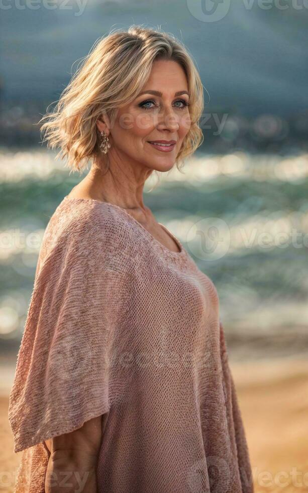 foto de blanco medio Envejecido antiguo dama americano mujer en vestir a el arena playa, generativo ai