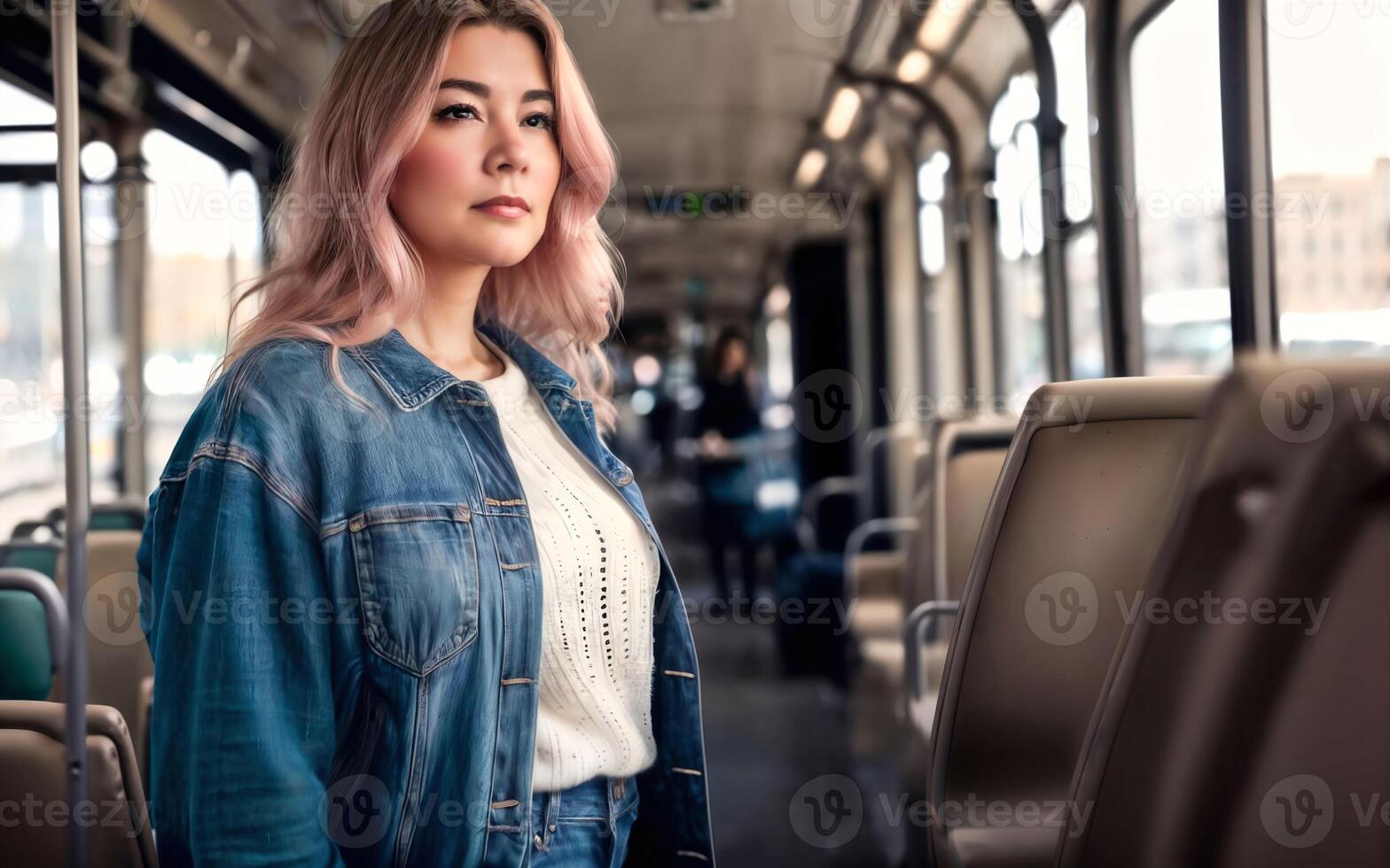 beautiful woman standing inside public bus transport, photo