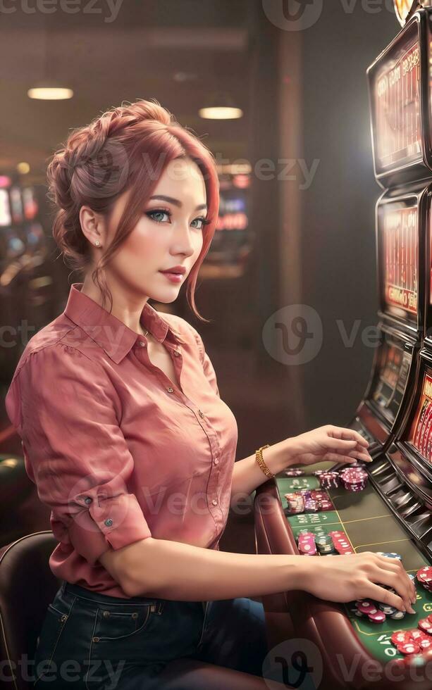 bonito joven asiático mujer a juego casino salón, generativo ai foto