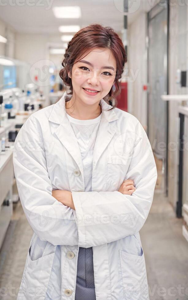photo of asian woman in white lab coat at modern laboratory,