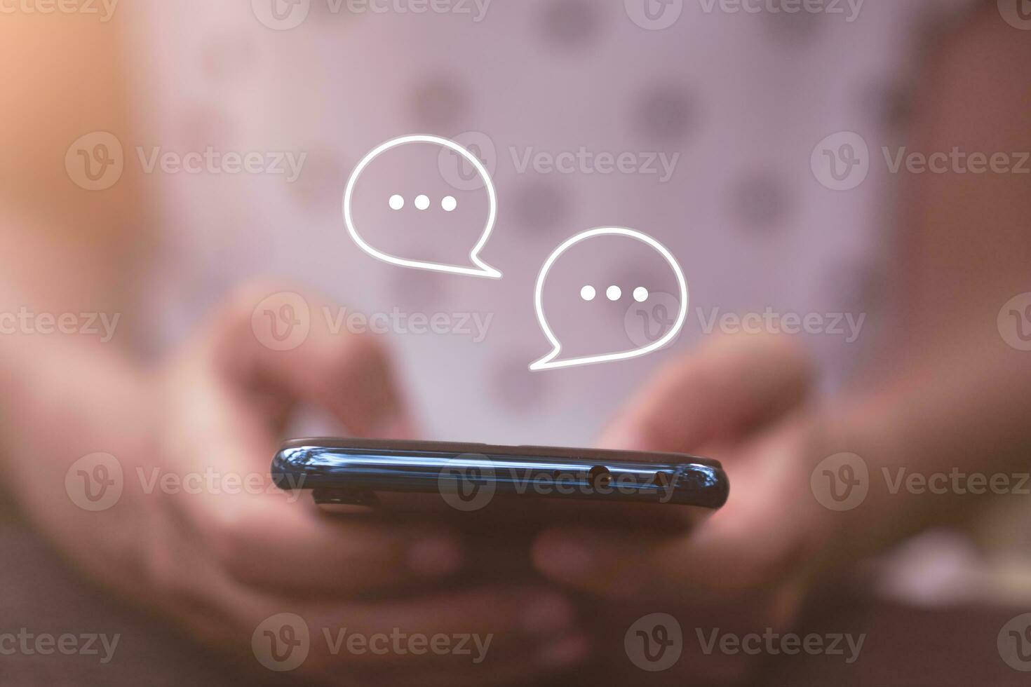 Young woman hand use smartphone  with chat and communication social media icons. photo