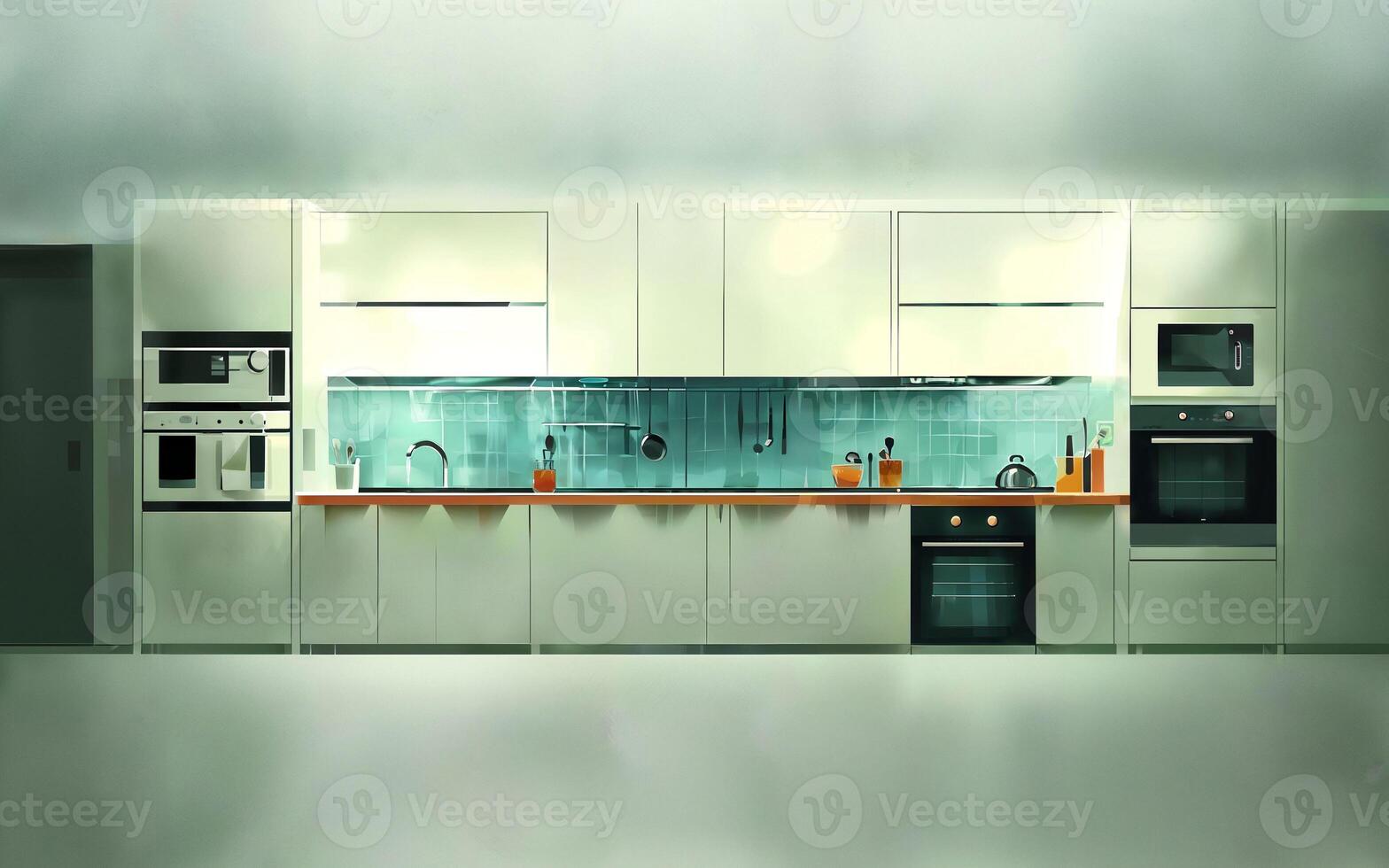 illustration digital painting drawing of modern minimal kitchen room, photo