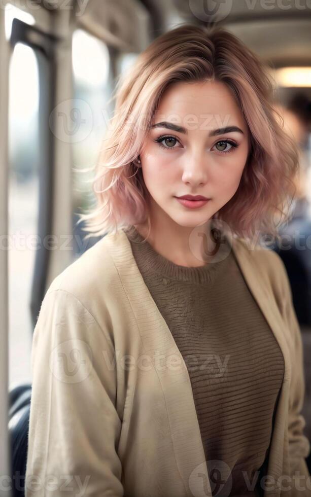 beautiful woman standing inside public bus transport, photo