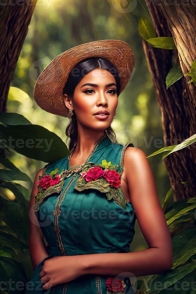 beautiful adventure latin woman with jungle forest in the background, photo