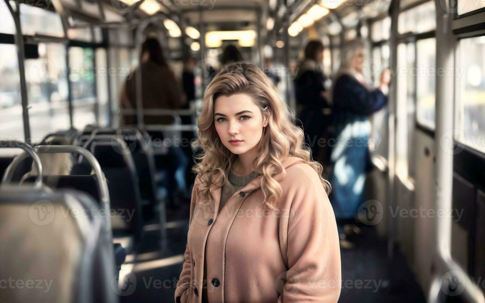 beautiful woman standing inside public bus transport, generative AI photo