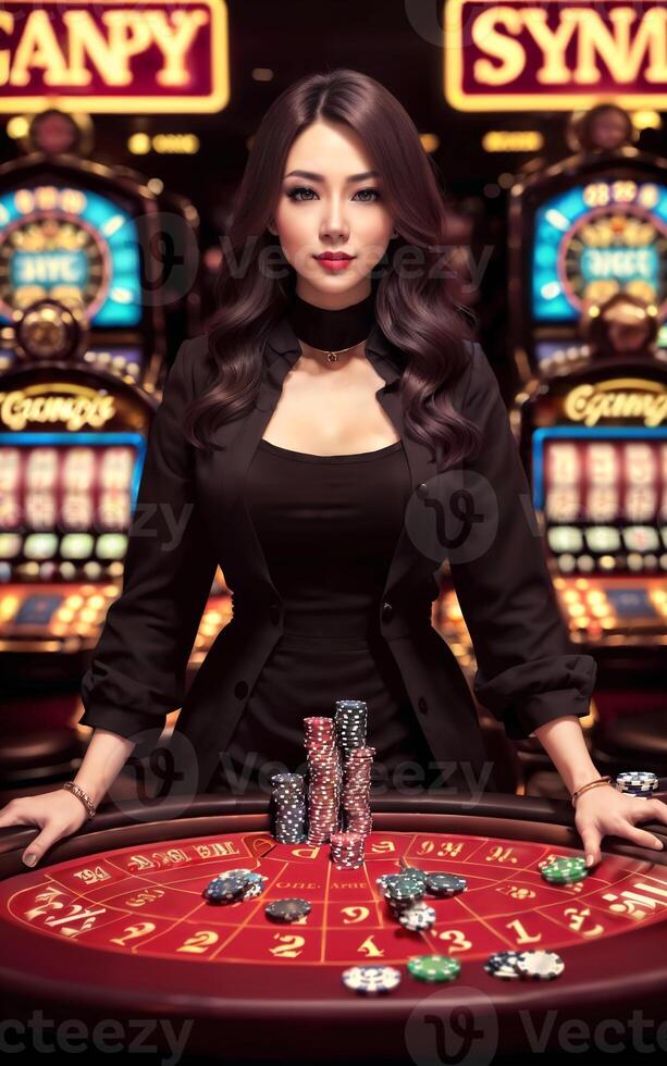 beautiful asian woman with luxury dress in grand casino gambling, generative AI photo