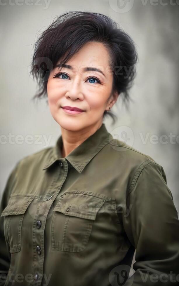 happy pretty middle aged old asian woman at the street, photo