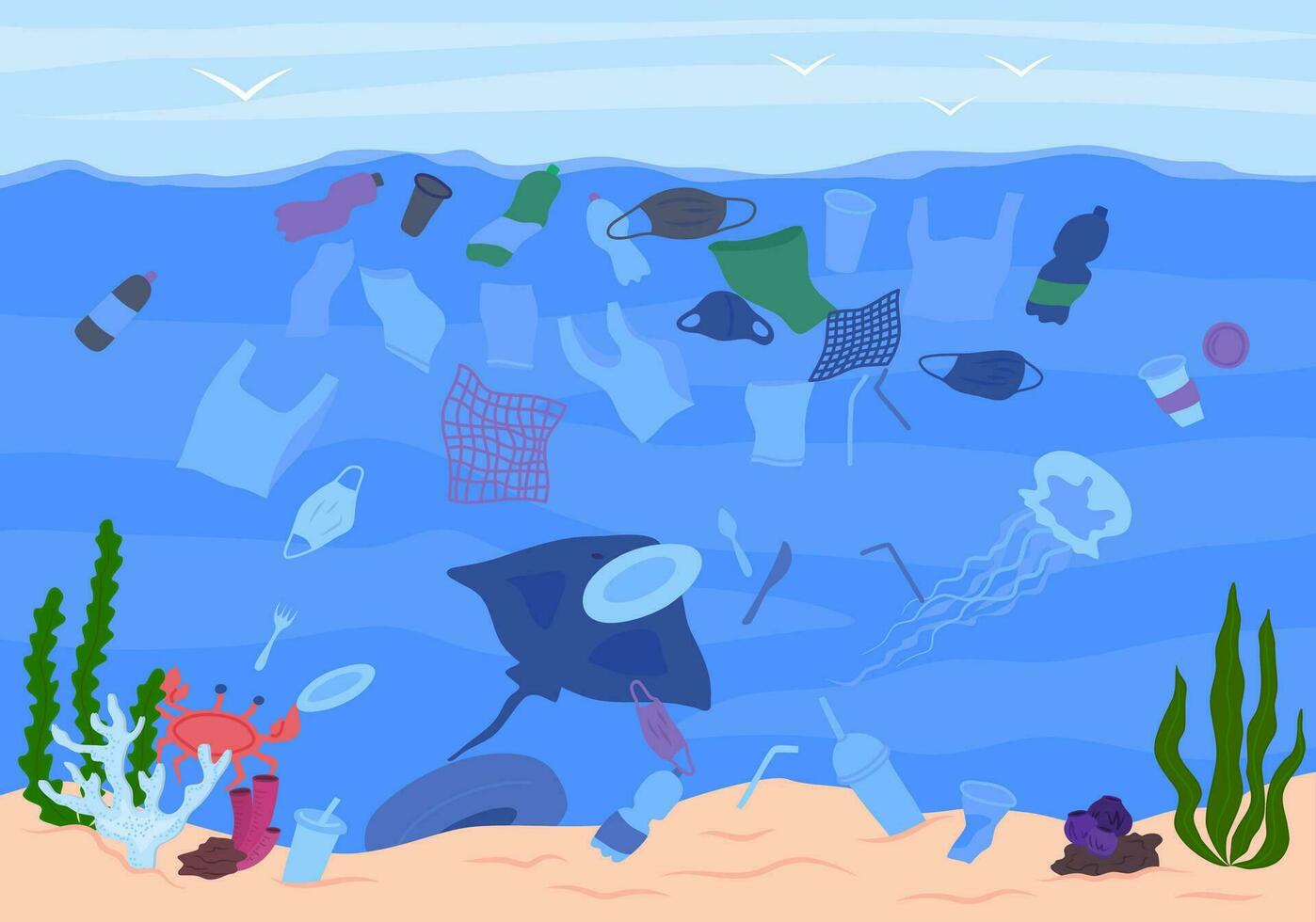 dibujos animados color basura en mar escena concepto. vector