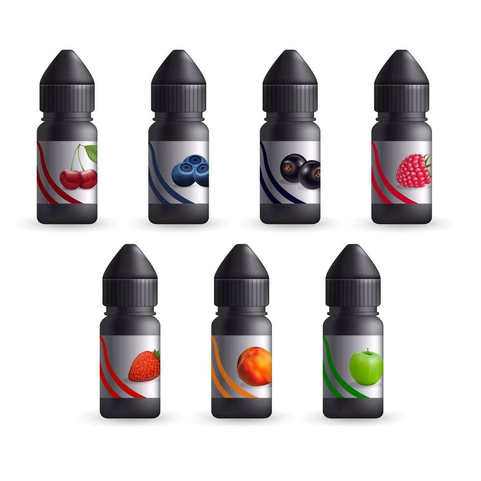 realista detallado 3d vape aromático líquido diferente Fruta sabores colocar. vector