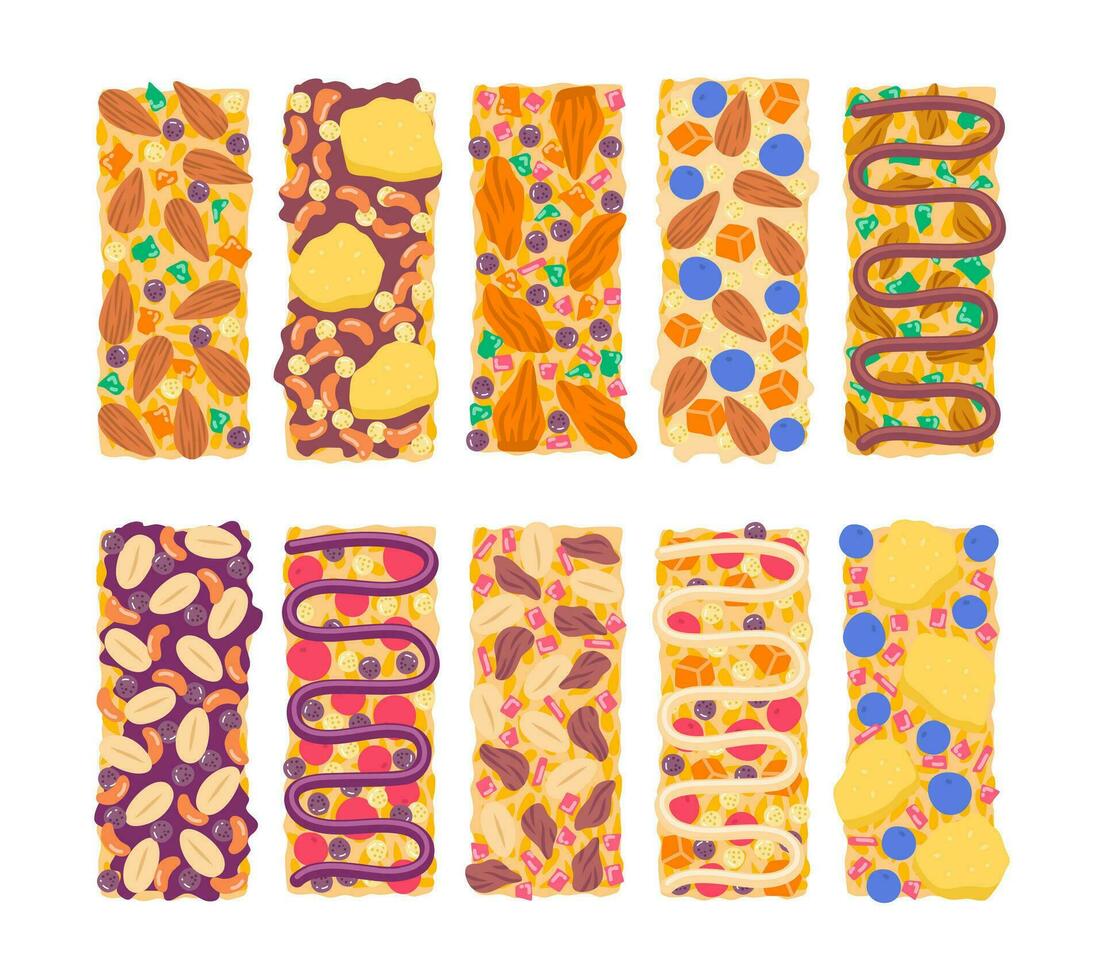 dibujos animados color sano muesli barras con diferente nueces y seco frutas colocar. vector