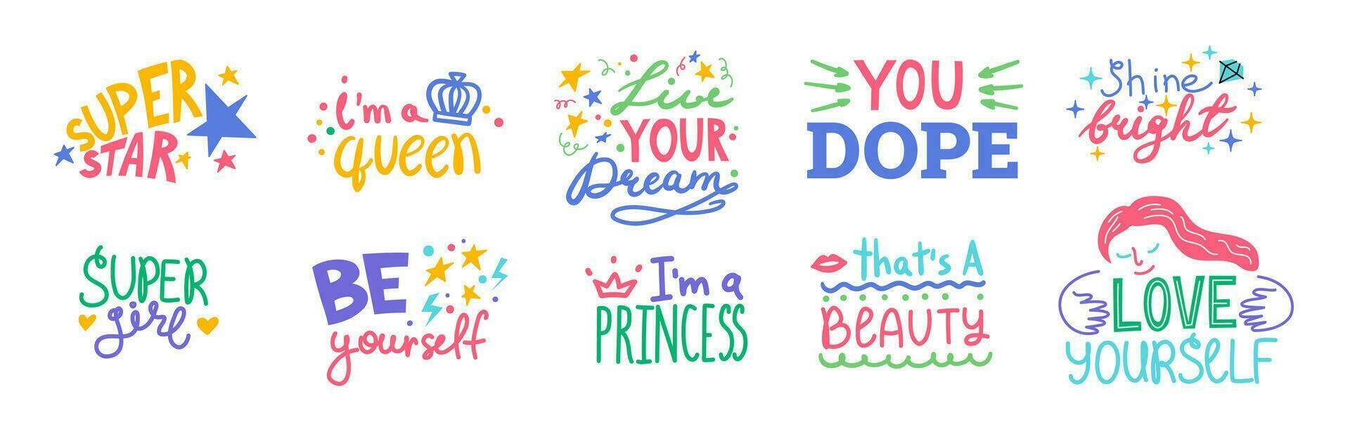 Cartoon Color Lettering Positive for Girls Set. Vector
