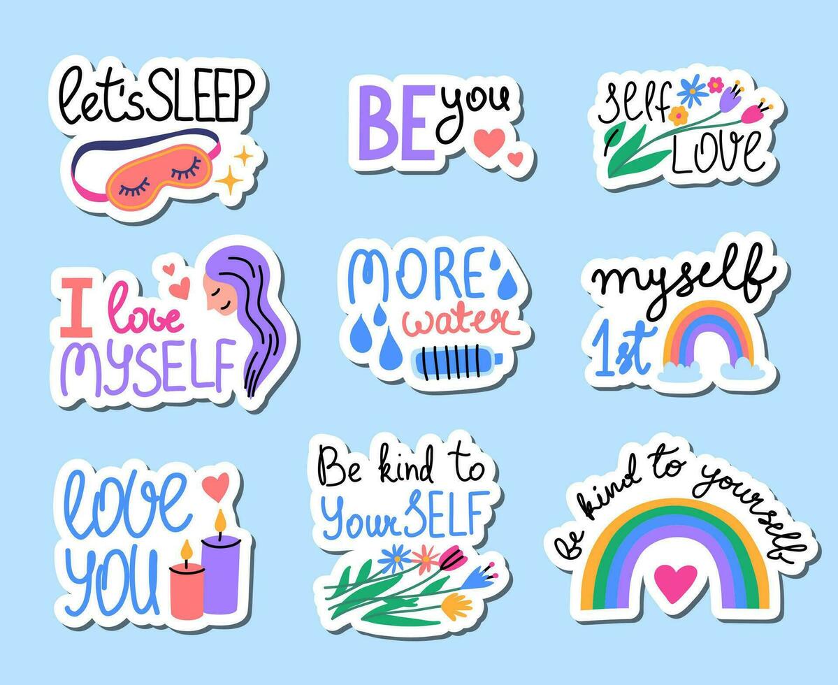 Cartoon Color Self Care Theme Stickers Set. Vector