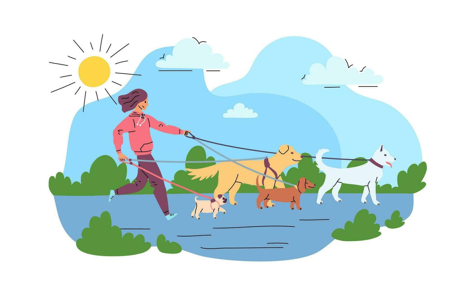 Cartoon Color Character Woman and Dog Walking Service Concept. Vector