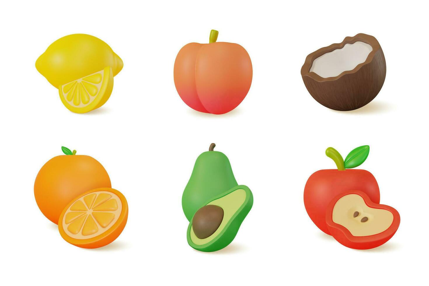 3d Color Different Fresh Fruits Set Cartoon Style. Vector