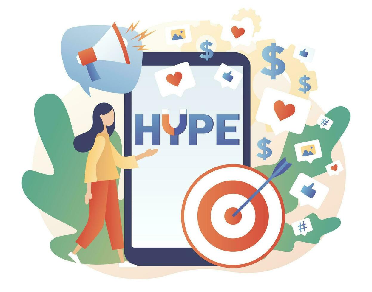 Tiny girl following internet trends. Hype - text on smartphone screen. Social media viral or fake content. Bloggers, celebrities, influencers need more likes. SMM. Modern flat cartoon style. Vector