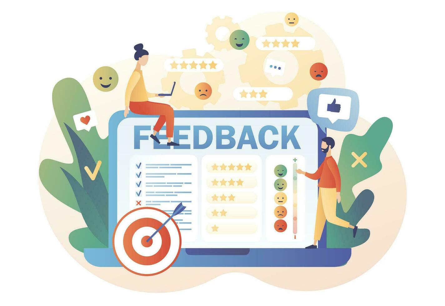 Feedback concept. Tiny people leave feedback and put assessment online on laptop. Customer survey, review and opinion. Modern flat cartoon style. Vector illustration on white background