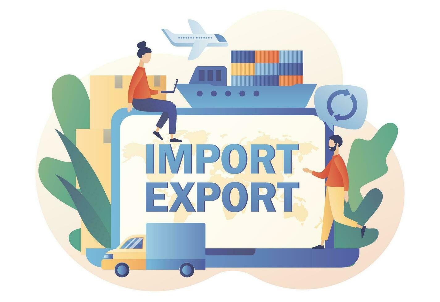Online logistics business. Import and export - text on laptop screen. Global trade. Tiny people sale goods and services worldwide. Modern flat cartoon style. Vector illustration on white background