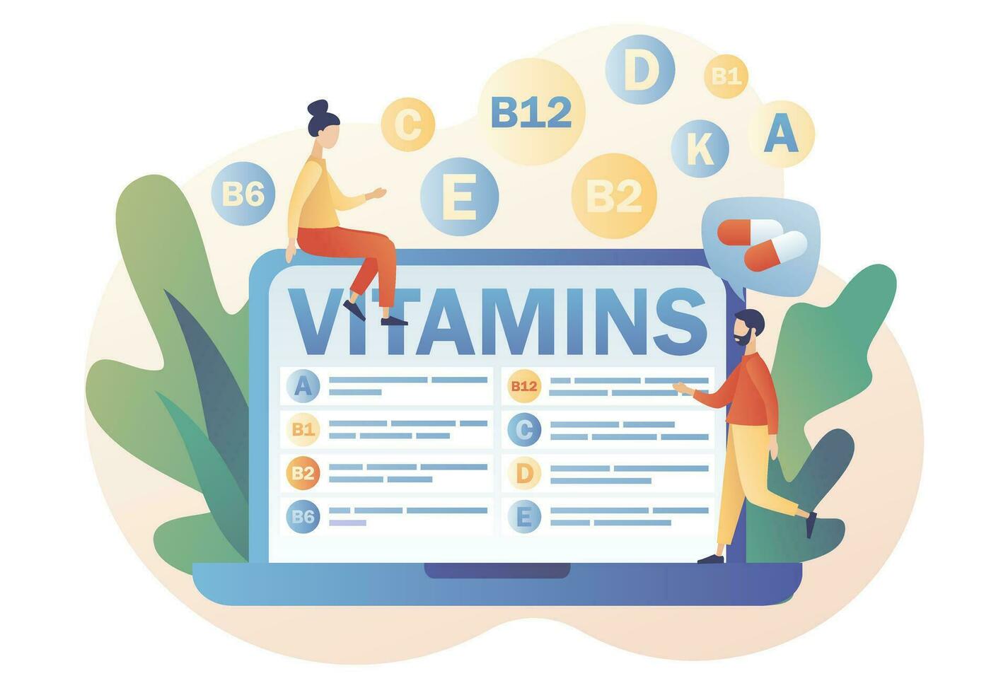 vitaminas complejo. sano estilo de vida. minúsculo personas leyendo lista multi vitamina suplemento, vitamina a, grupo si b1, b2, b6, b12, C, d, mi, k en ordenador portátil. moderno plano dibujos animados estilo. vector ilustración