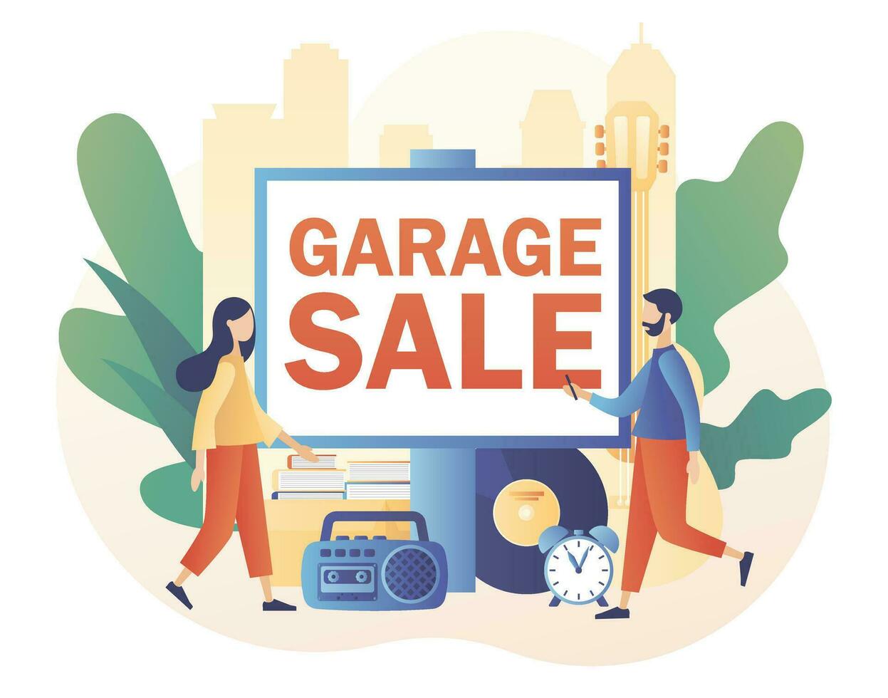 Flea market online. Garage sale - big advertisement banner. Yard sale. Tiny sellers and customers. Vintage goods or rag fair. Bazaar. Modern flat cartoon style. Vector illustration on white background