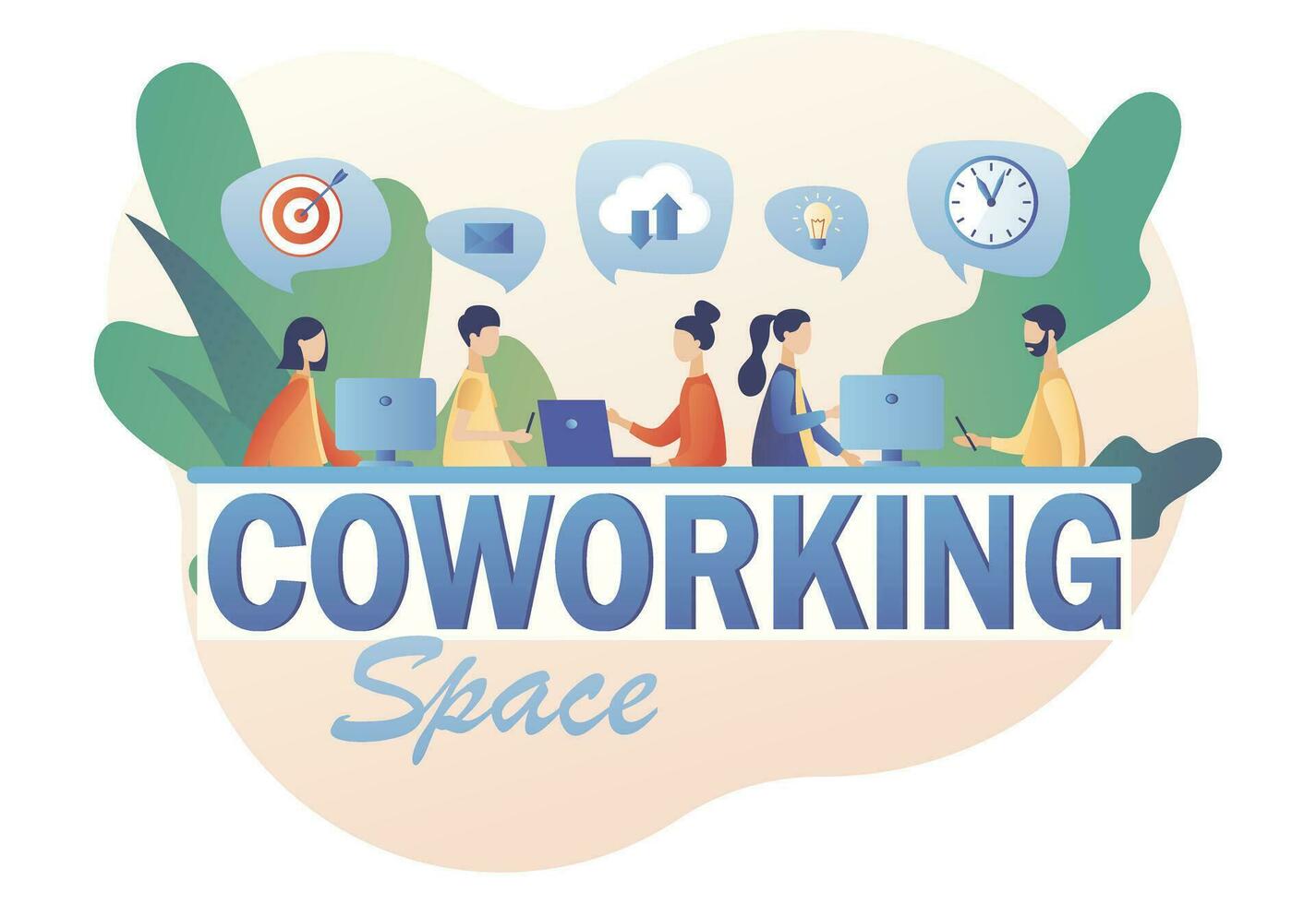 trabajo colaborativo espacio. minúsculo personas trabajando en portátiles, ordenadores, teléfonos inteligentes en compartido moderno oficina lugar de trabajo. compartido trabajando ambiente. negocio reunión. moderno plano dibujos animados estilo. vector ilustración