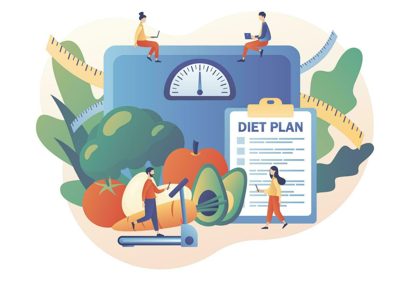 Tiny people follow diet plan with healthy food with vegetables, fruit and physical activity. Nutrition diet. Nutritionist online. Modern flat cartoon style. Vector illustration on white background