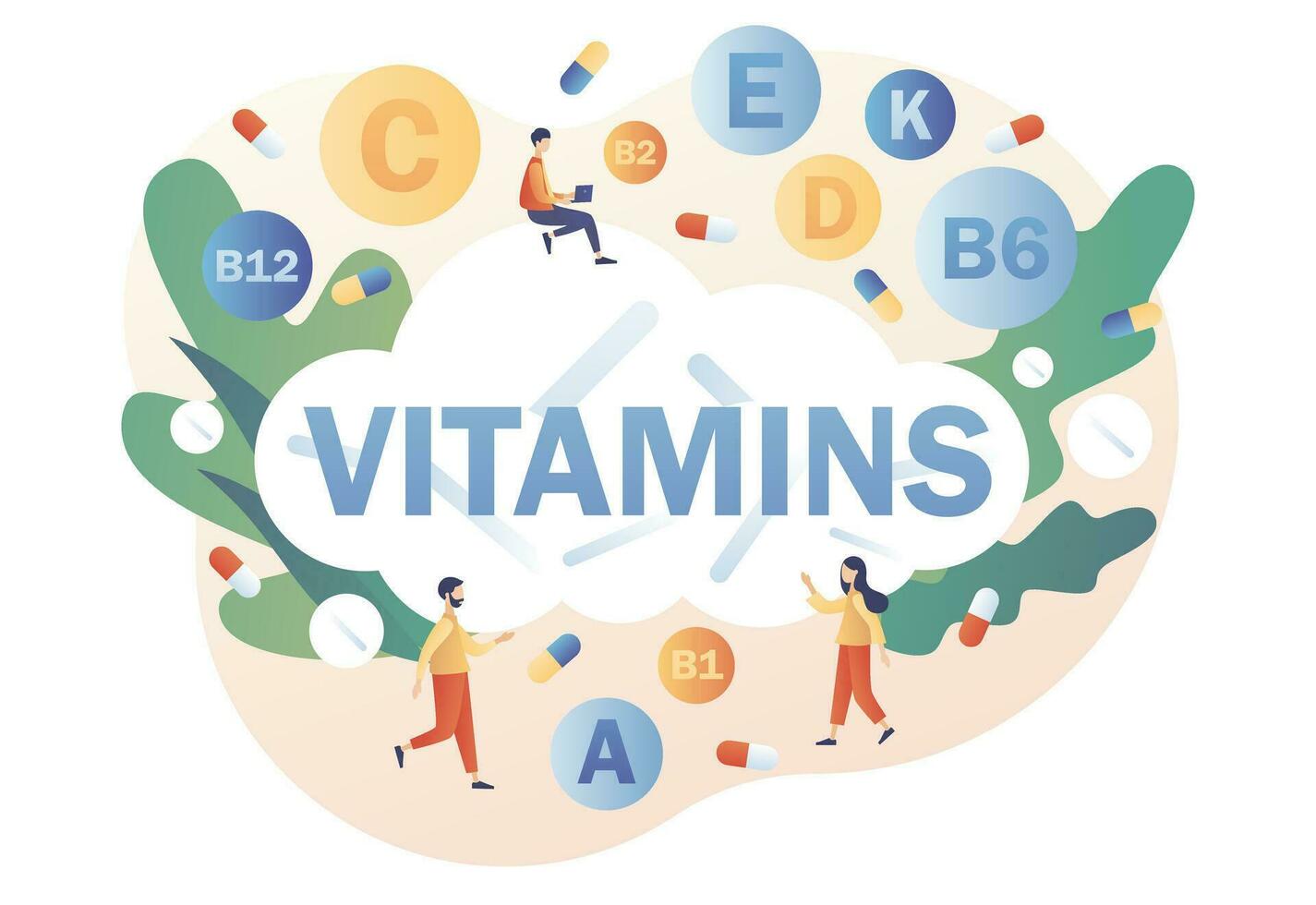 vitaminas - grande texto. sano estilo de vida. minúsculo personas y multi vitamina complejo, vitamina a, grupo si b1, b2, b6, b12, C, d, mi, k. moderno plano dibujos animados estilo. vector ilustración en blanco antecedentes