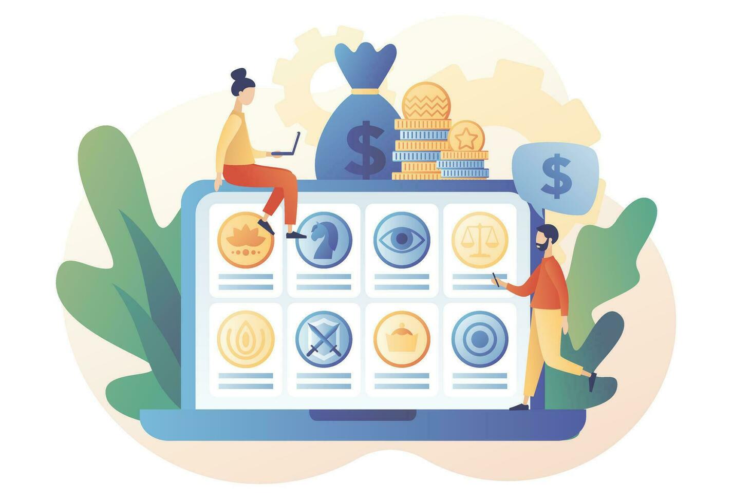 Old rare collectible coins on web site. Numismatics online. Tiny people numismatists collect, selling or buying ancient coins. Hobby or profession. Modern flat cartoon style. Vector illustration
