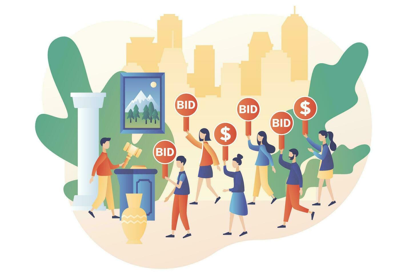Tiny people bidder, buyer and auctioneer bidding in public auction. Paddle with BID text. Auction concept. Hammer close deal. Modern flat cartoon style. Vector illustration on white background