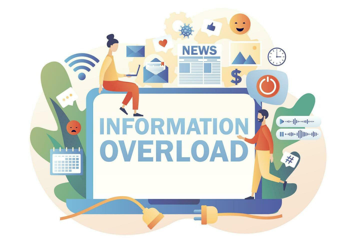 Information detox. Information overload. Tiny people protecting themselves from flow of information and news turning off laptop. Digital detox. Modern flat cartoon style. Vector illustration