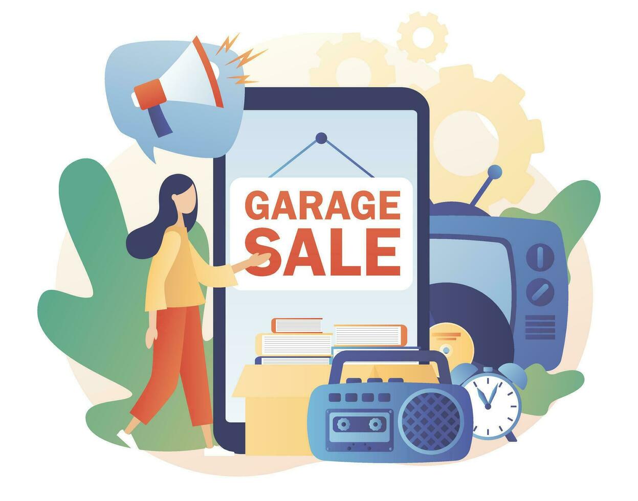 Flea market online. Garage sale - advertisement on smartphone screen. Yard sale. Tiny sellers and customers. Vintage goods or rag fair. Bazaar. Modern flat cartoon style. Vector illustration