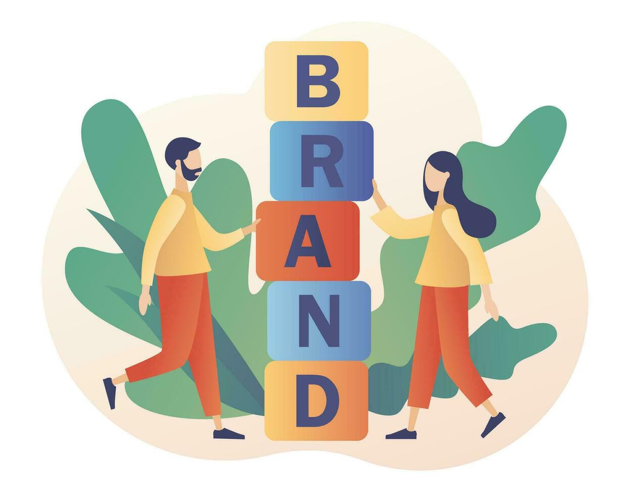 Tiny people build the word BRAND from cubes. Work on branding. Company development. Corporate identity. Self-positioning, individual brand strategy. Modern flat cartoon style. Vector illustration