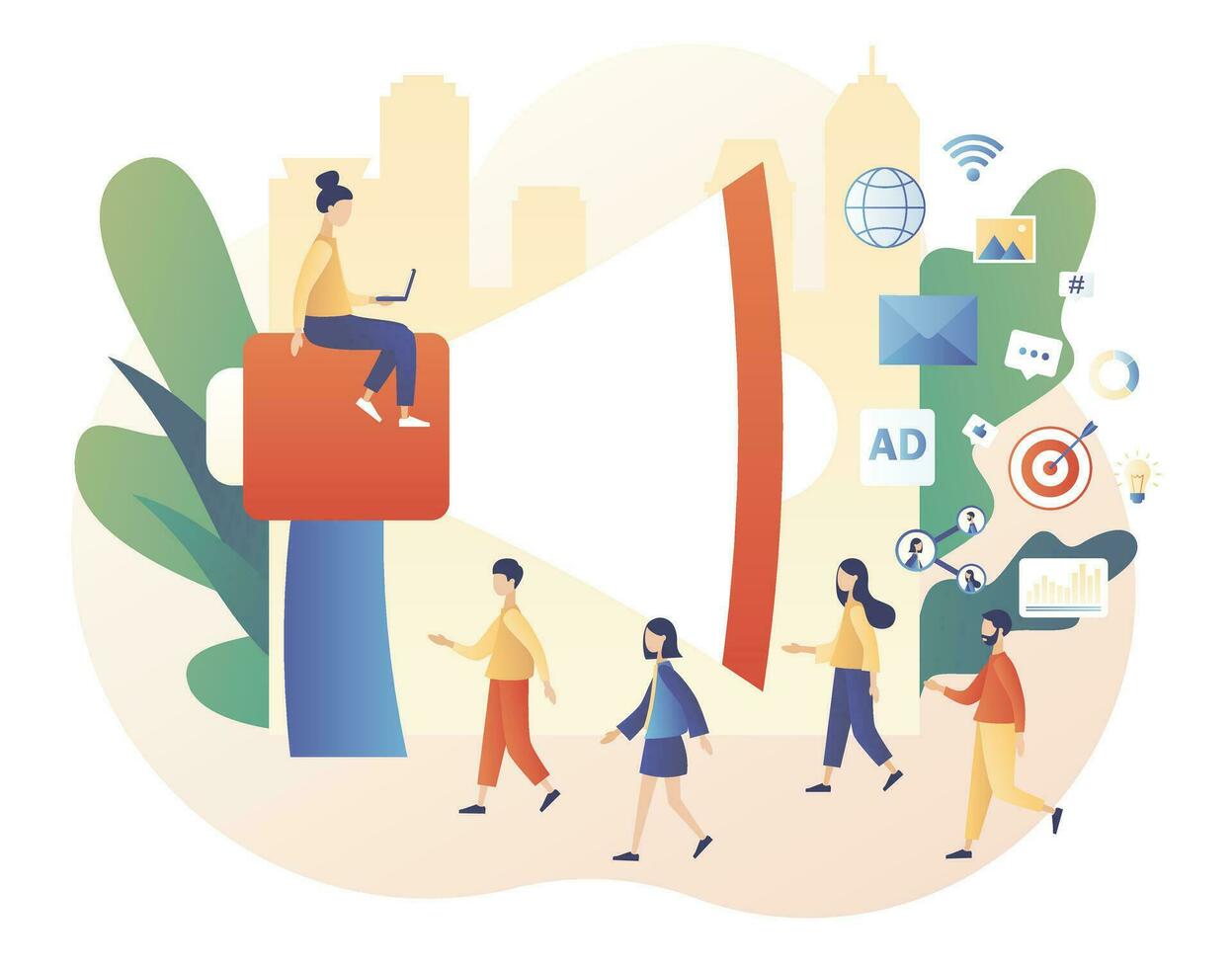 Tiny people and big megaphone. Advertising agency concept. Service advertisement, SMM, Digital marketing. Modern flat cartoon style. Vector illustration on white background