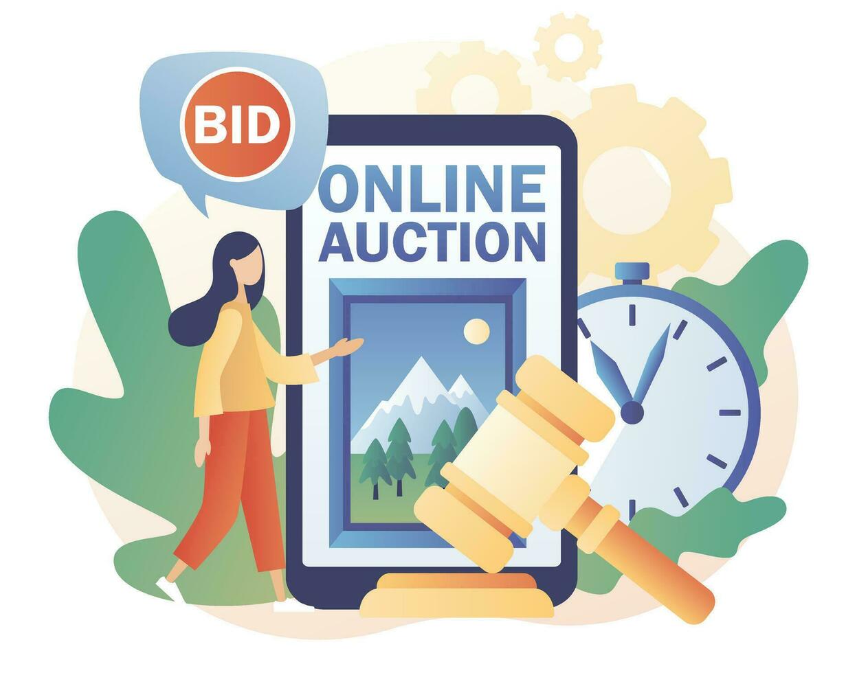 Online Auction concept. Painting on smartphone screen. Tiny woman bidder, buyer and auctioneer bidding in public auction. Hammer close deal. Modern flat cartoon style. Vector illustration