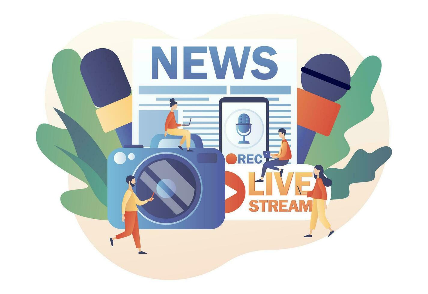 Mass media news. TV, newspaper, internet and radio journalism. Journalist concept. Tiny people journalists with microphones and camera in Live Stream. Modern flat cartoon style. Vector illustration