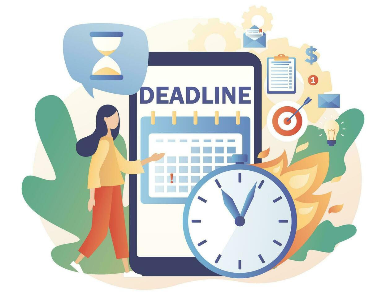 Smartphone app for time management and productivity control. Deadline concept. Tiny woman organizes workflow, effective time management. Modern flat cartoon style. Vector illustration