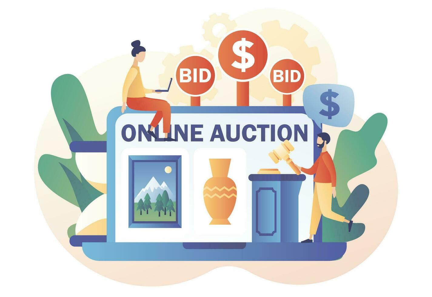Online Auction concept. Painting and vase on laptop screen. Tiny people bidder, buyer and auctioneer bidding in public auction. Hammer close deal. Modern flat cartoon style. Vector illustration