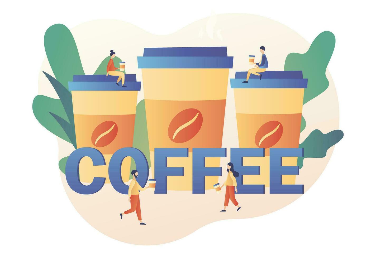 Tiny people businessmen relaxing, talking and drinking coffee. Coffee -text and big cups. Coffee break concept. Lunch time in office. Modern flat cartoon style. Vector illustration on white background