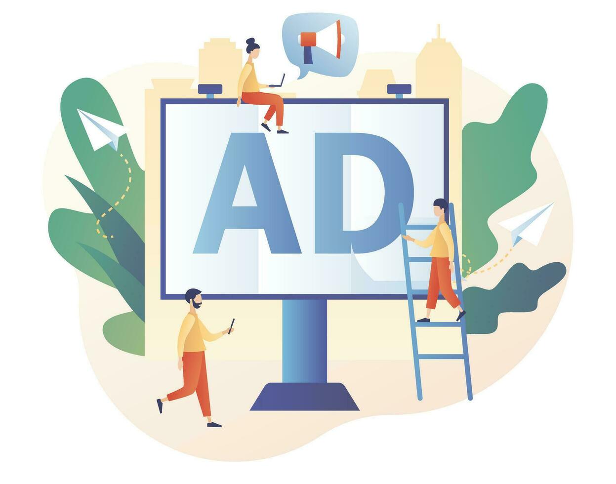 Outdoor advertising. Tiny people and big advertisement banner. Advertising agency concept. Service advertisement, Digital marketing, SMM. Modern flat cartoon style. Vector illustration