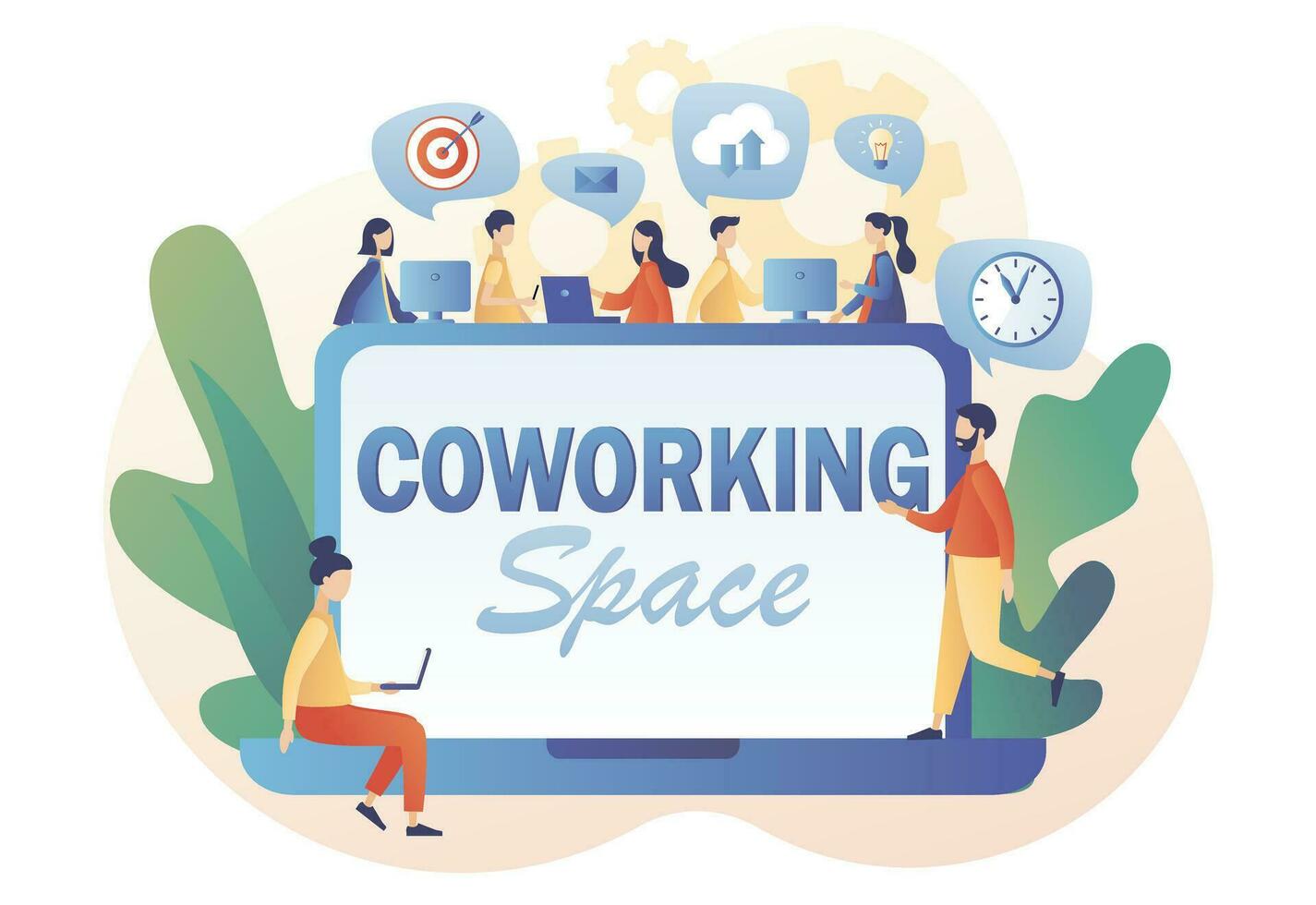 Tiny people working on computers, smartphones on shared modern office workplace. Co-working space - text on laptop screen. Shared working environment. Modern flat cartoon style. Vector illustration