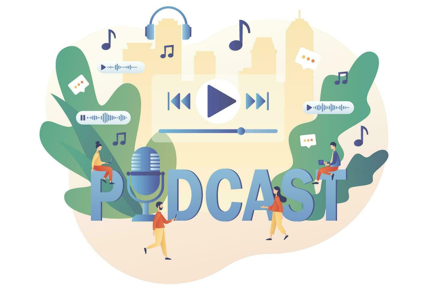 Podcast - big text. Tiny people listening online training, radio show or audio blog. Podcaster speaking in microphone. Modern flat cartoon style. Vector illustration on white background