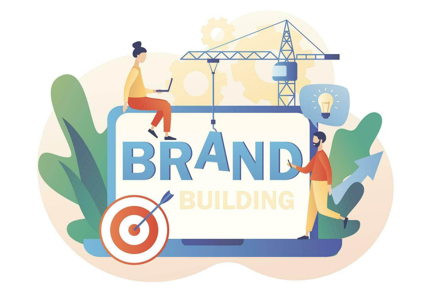 Tiny people working on branding. Brand building. Corporate identity. Company development. Self-positioning, individual brand strategy.Modern flat cartoon style. Vector illustration on white background