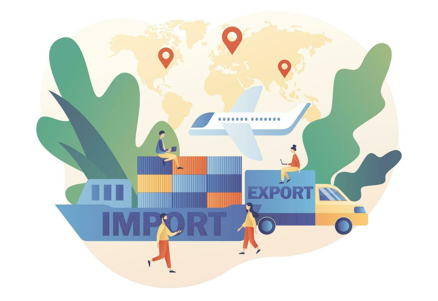 importar y exportar concepto. logística negocio. global comercio. marítimo, aire y tierra envío. rebaja bienes y servicios mundial. moderno plano dibujos animados estilo. vector ilustración en blanco antecedentes