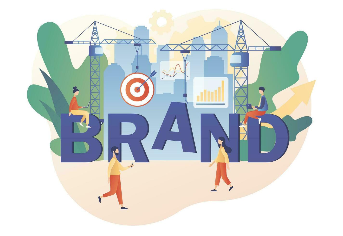 Brand. Tiny people working on building brand. Corporate identity. Company development. Self-positioning, individual brand strategy. Branding concept. Modern flat cartoon style. Vector illustration